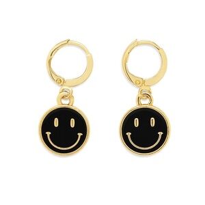 Gold Smiley Face Hoop Earrings | Black Enamel Happy Face Charm Hoops | Novelty